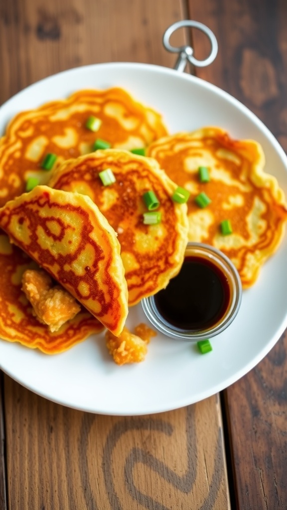 Crispy kimchi pancakes served with soy sauce on a rustic table.